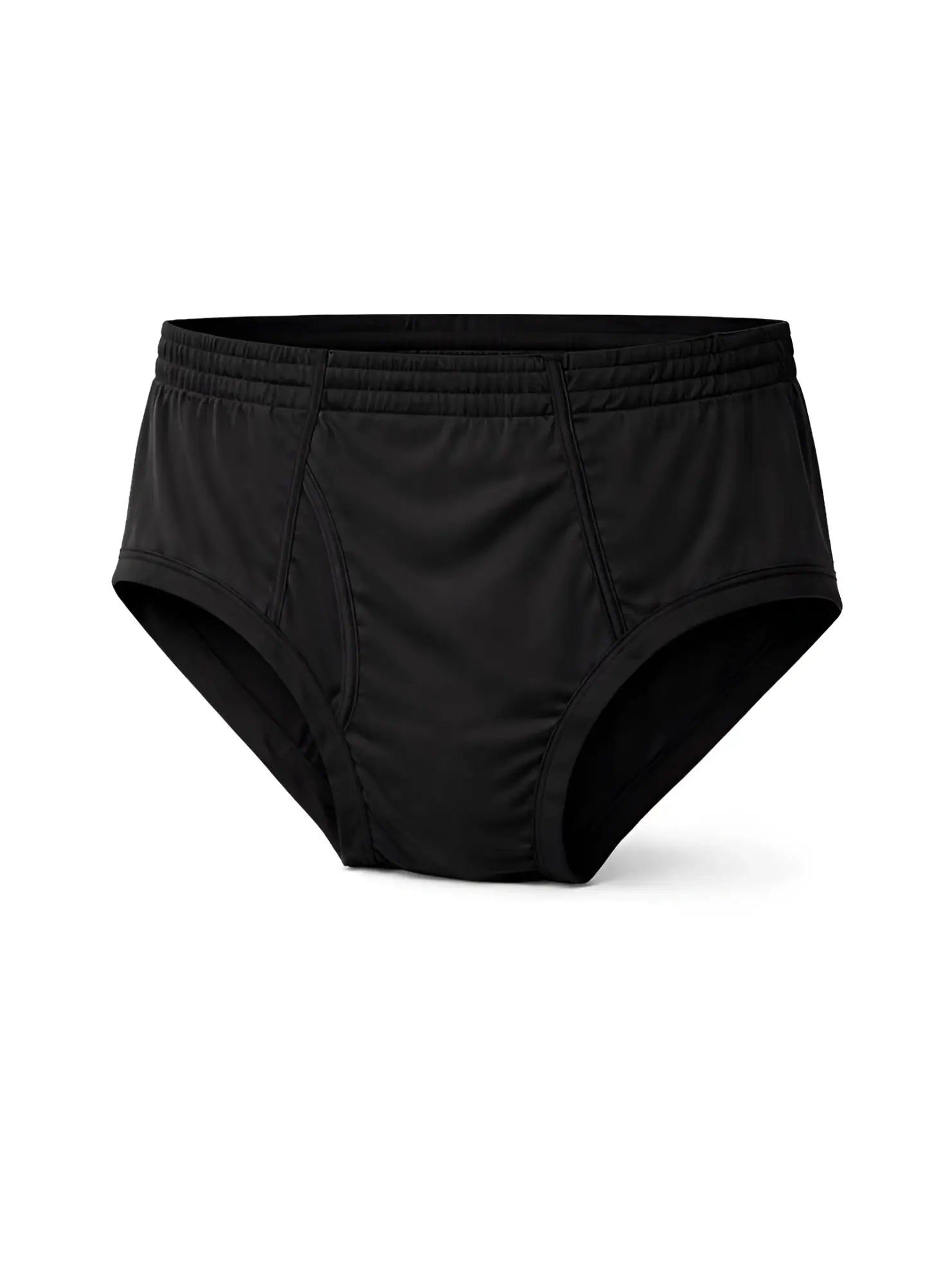 Black men’s nylon active briefs with elastic waistband and smooth form-fitting fabric for comfortable support