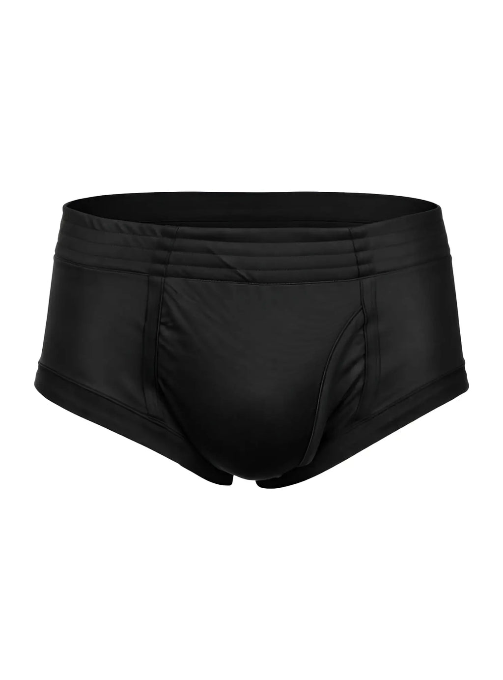 Black men’s nylon tricot briefs with smooth satin finish and elastic waistband featuring left side fly