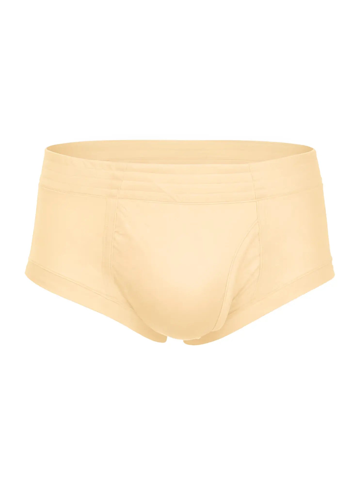 Cream-colored nylon tricot brief with left side fly made of soft stretch fabric in a seamless design