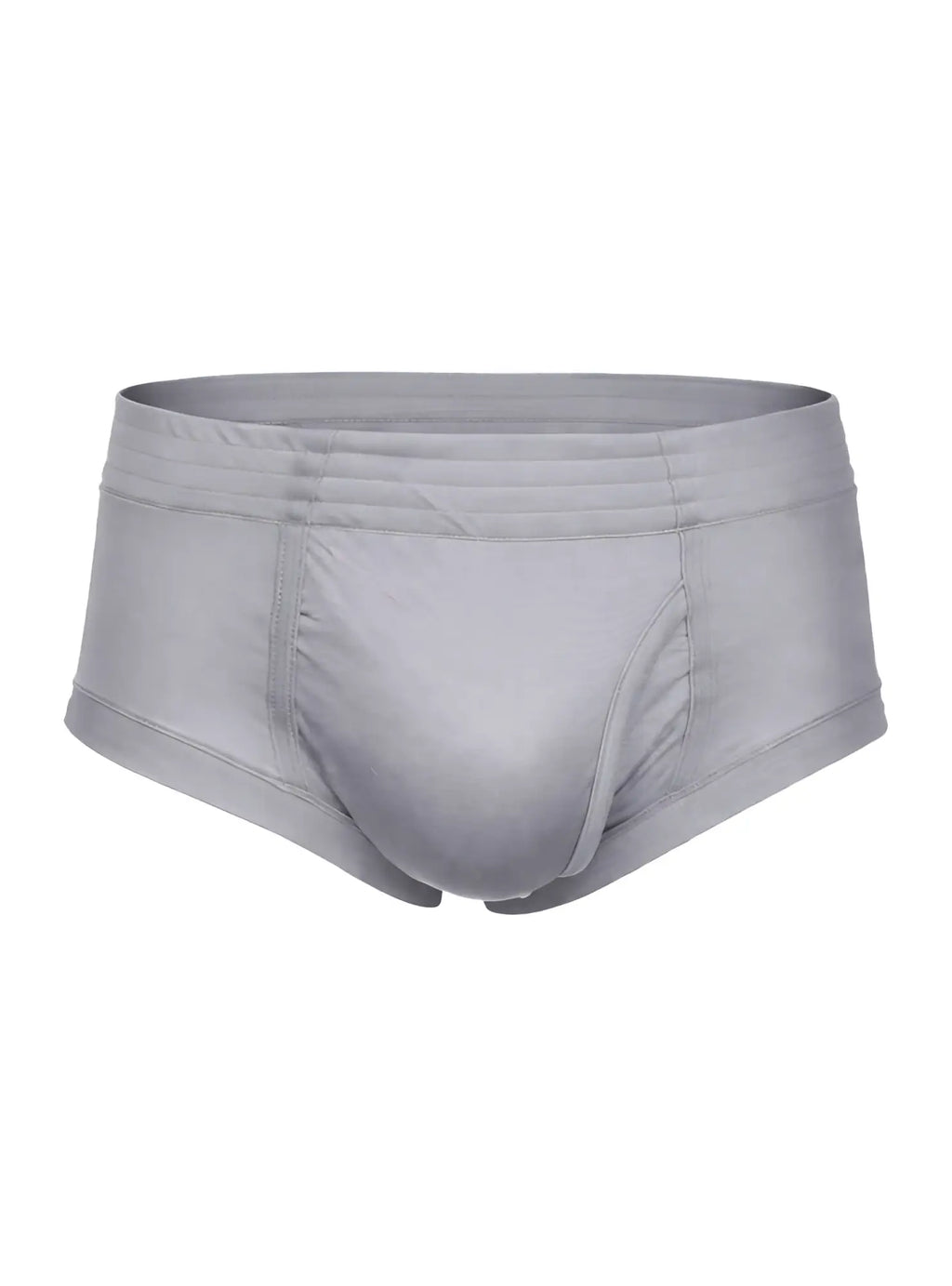 Gray men’s nylon tricot briefs with a smooth stretchy fabric and contoured design featuring a left side fly