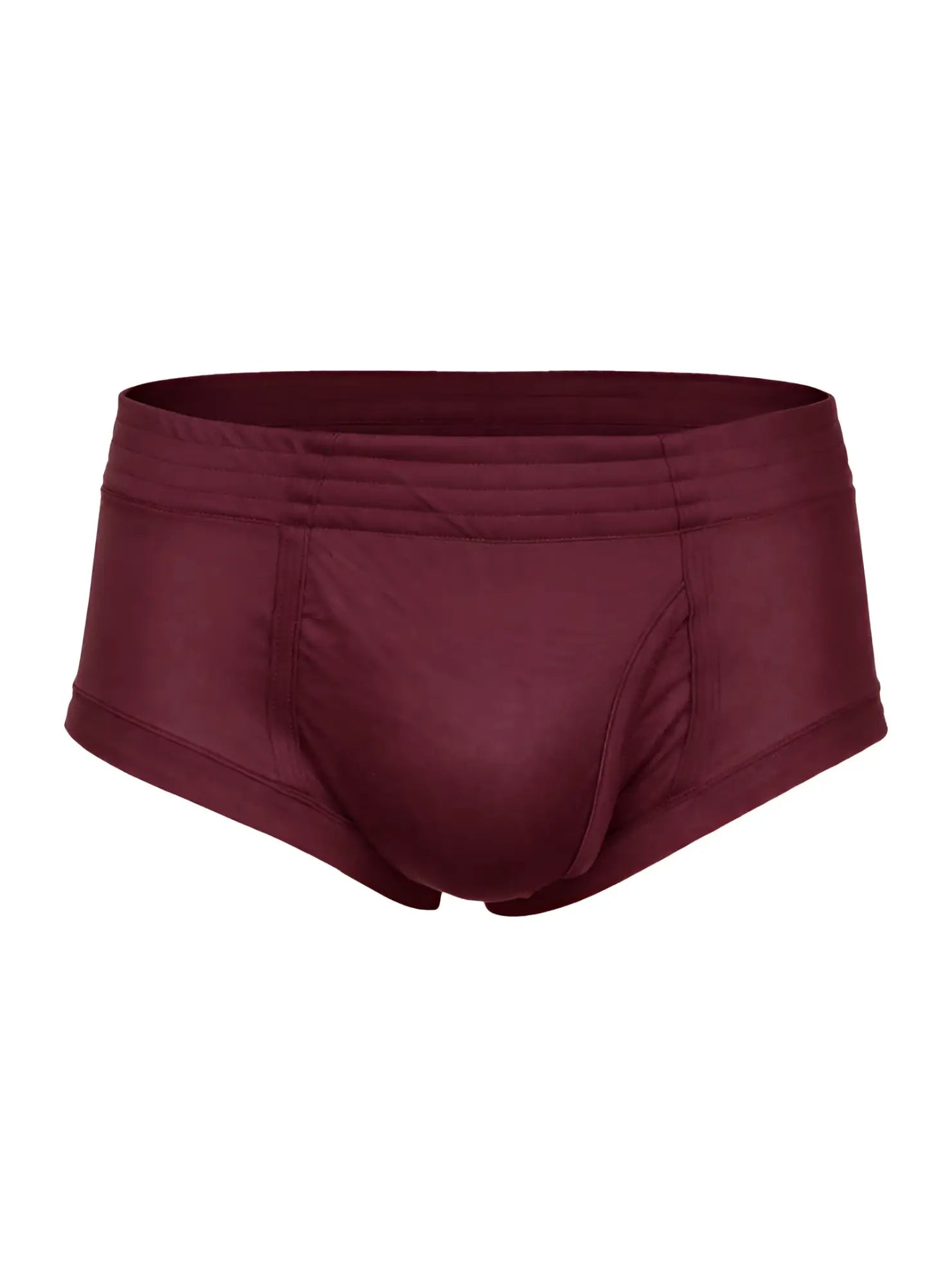 Maroon nylon tricot brief with smooth stretchy fabric and elastic waistband featuring left side fly