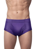 Purple nylon tricot briefs with left side fly smooth glossy satin finish and subtle seam detailing