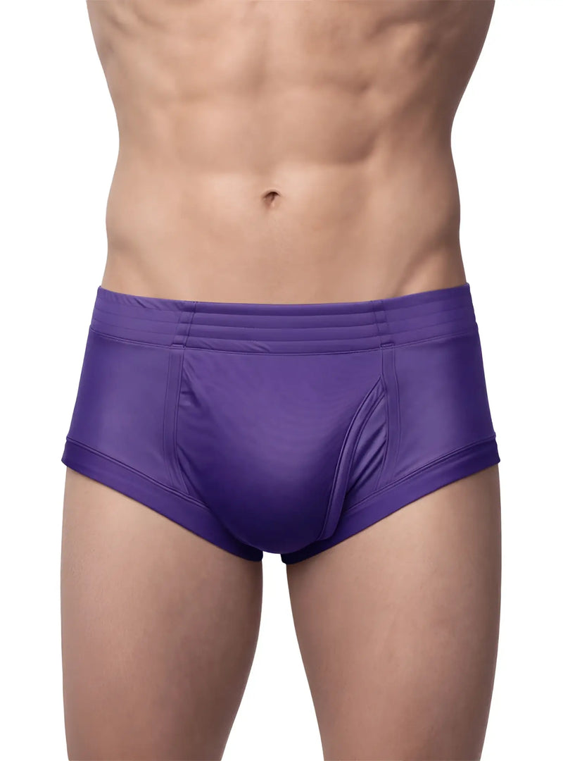 Purple nylon tricot briefs with left side fly smooth glossy satin finish and subtle seam detailing