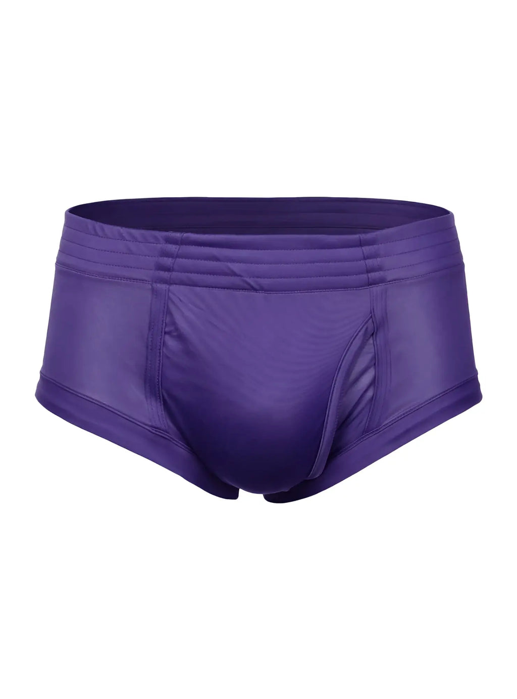Purple nylon tricot brief swim trunks with smooth shiny fabric and elastic waistband featuring left side fly