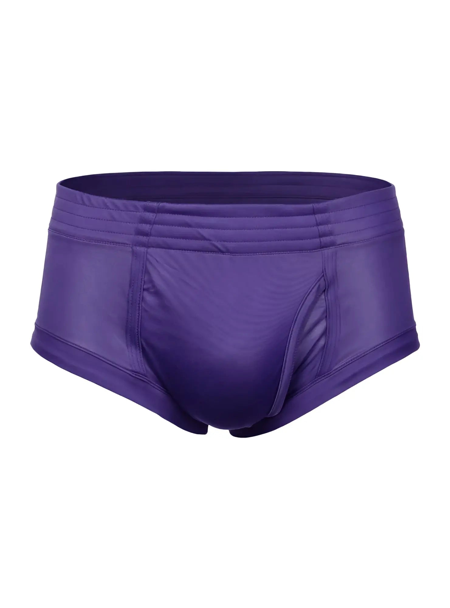 Purple nylon tricot brief swim trunks with smooth shiny fabric and elastic waistband featuring left side fly
