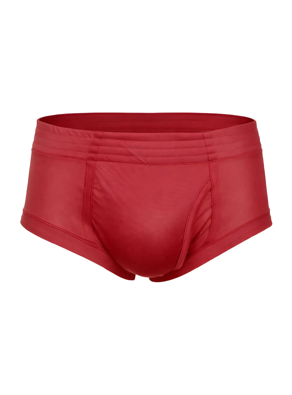 Red men’s nylon tricot brief with left side fly smooth satin-like fabric and elastic waistband