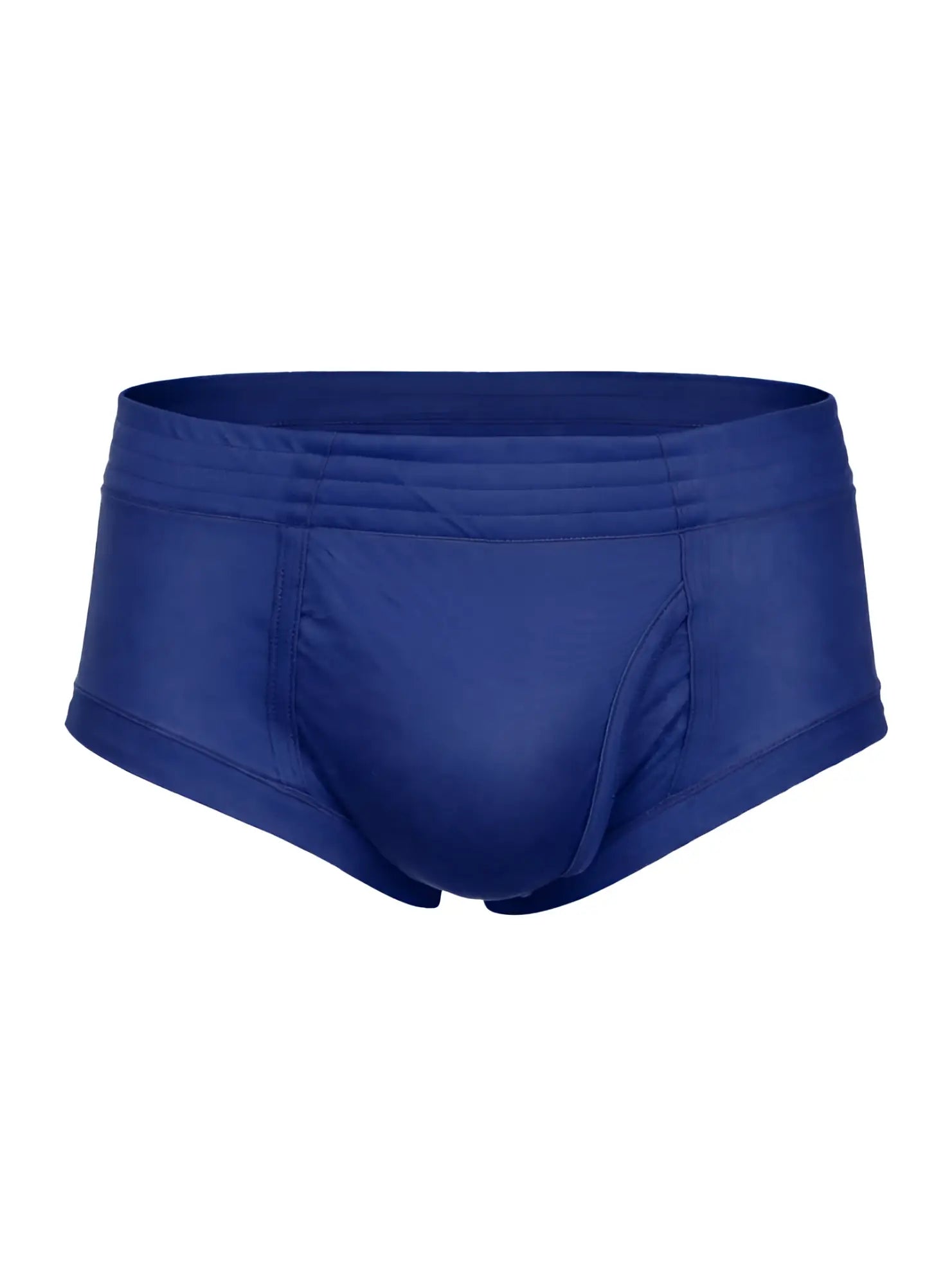 Royal blue nylon tricot brief swim trunks with smooth stretchy fabric and subtle seam detailing left side fly view