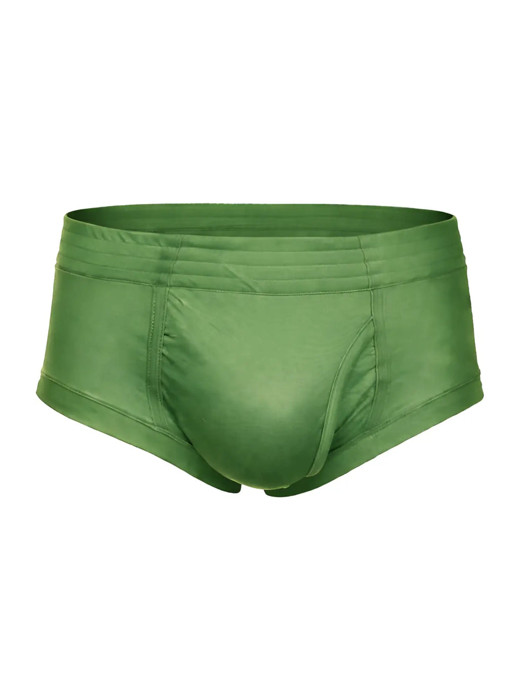 Solid olive green nylon tricot briefs with smooth stretchy fabric and subtle seam detailing featuring left side fly