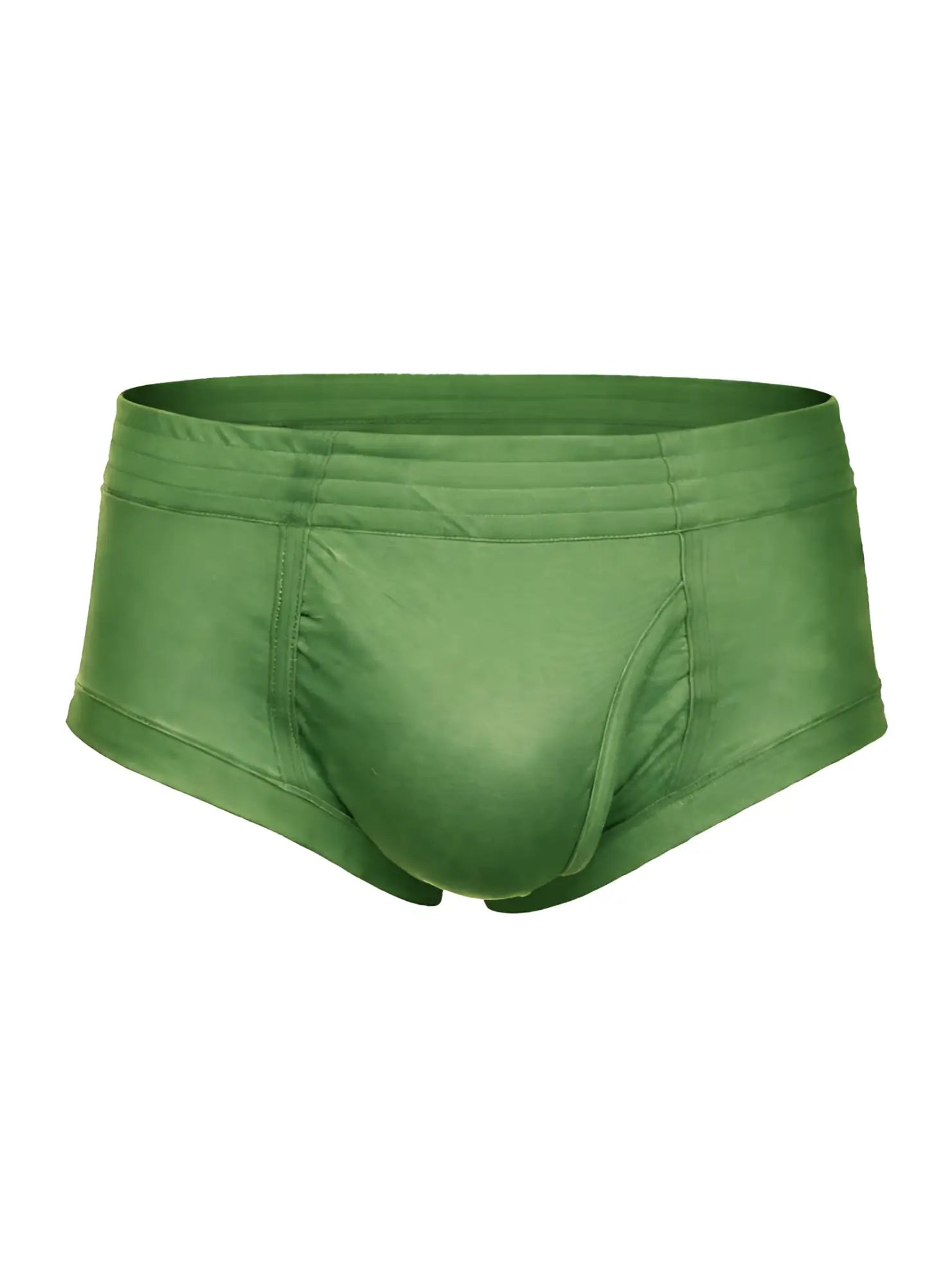 Solid olive green nylon tricot briefs with smooth stretchy fabric and subtle seam detailing featuring left side fly