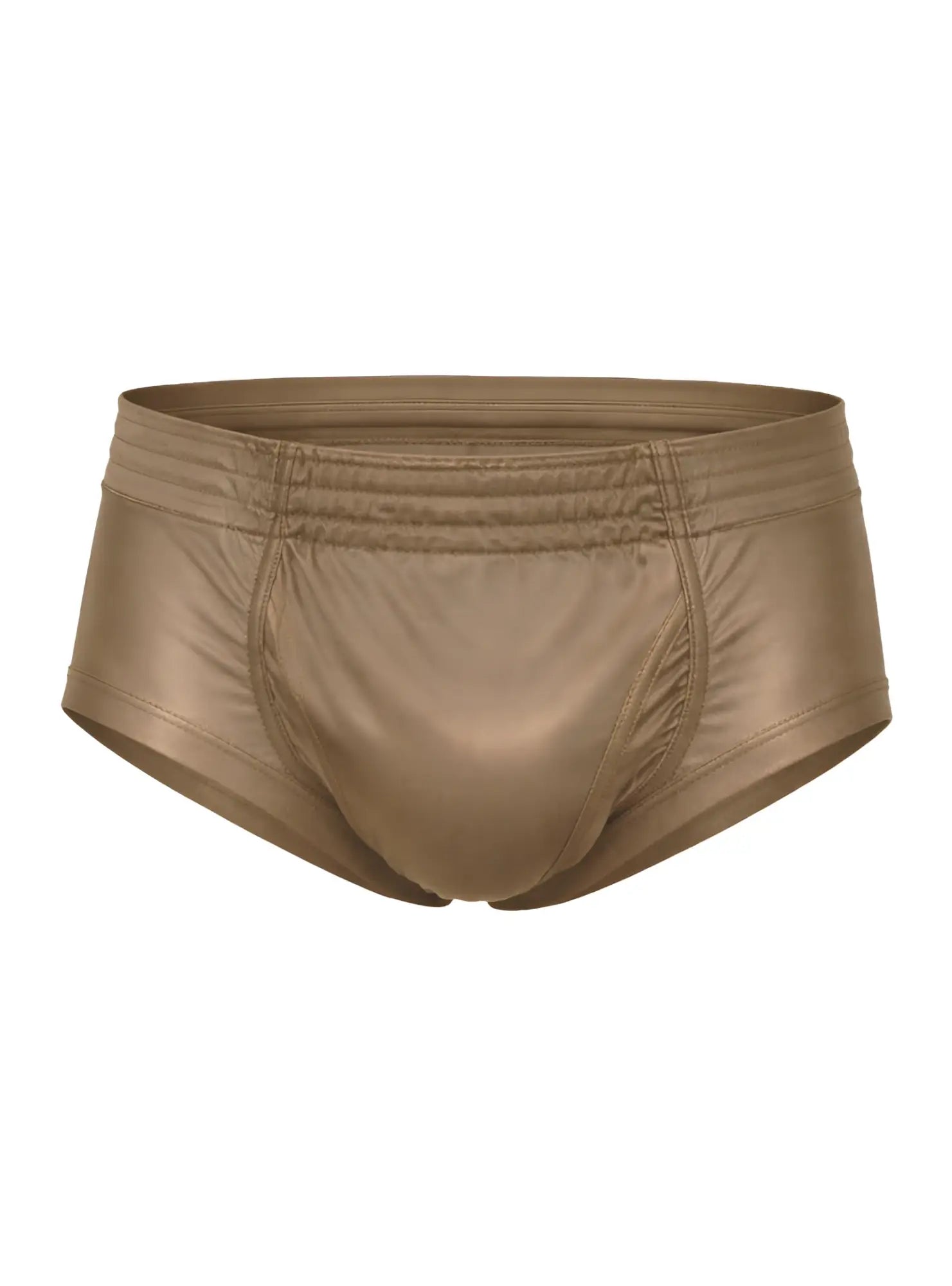 Tan metallic nylon tricot briefs with sleek shiny finish and elastic waistband featuring left side fly