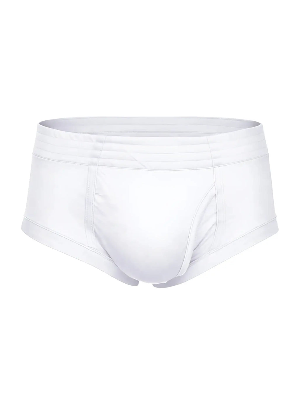 White nylon tricot men’s briefs with smooth seamless design and elastic waistband featuring left side fly