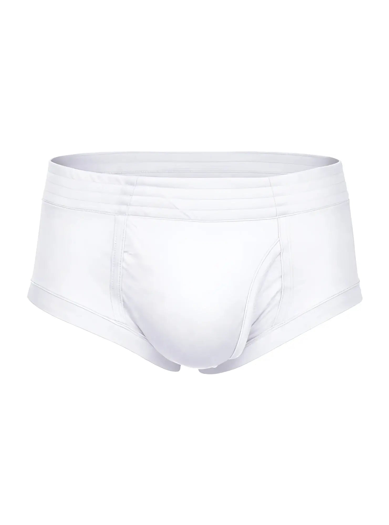 White nylon tricot men’s briefs with smooth seamless design and elastic waistband featuring left side fly