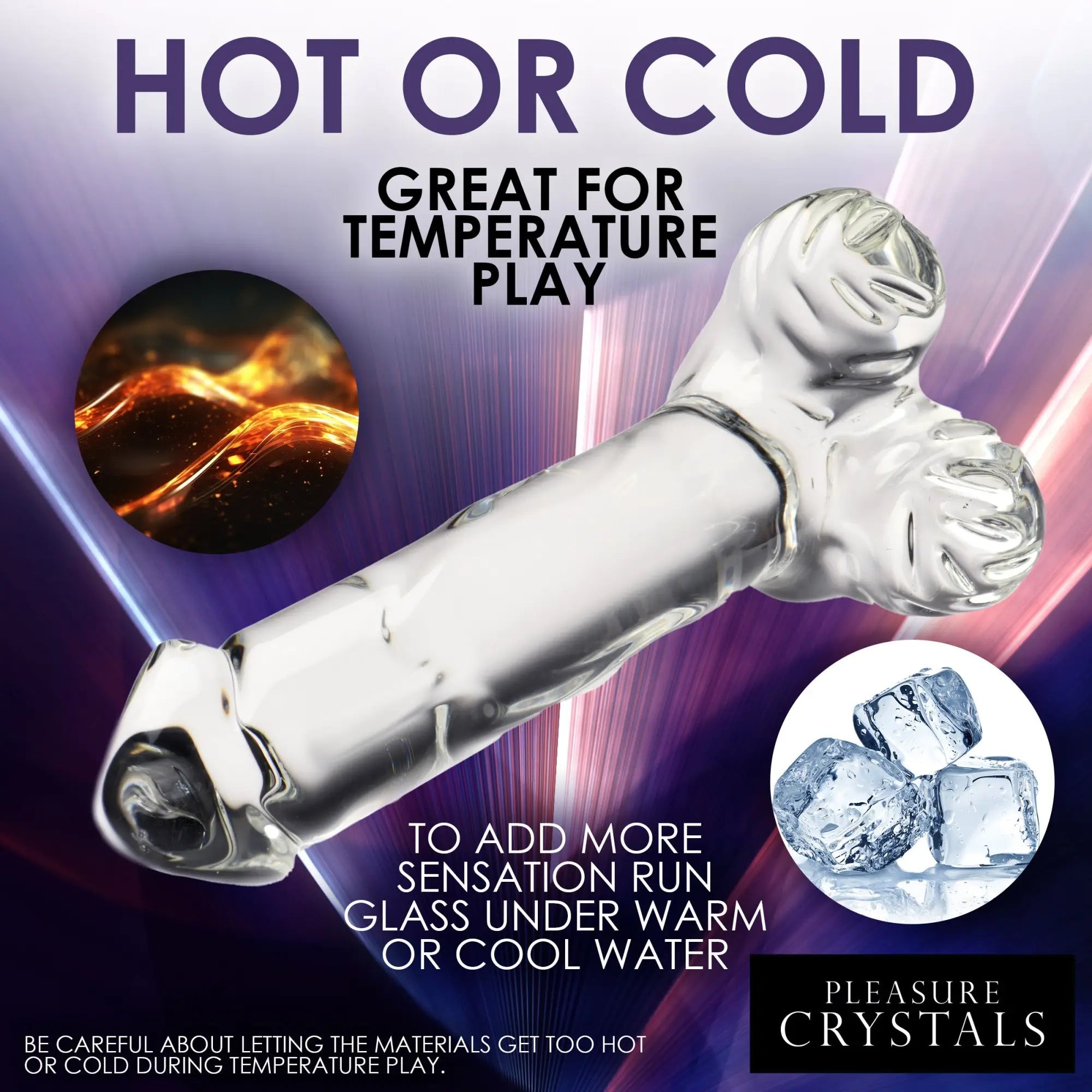 Pleasure Crystals glass dildo with balls. Clear, smooth, realistic-style glass toy for temperature play.