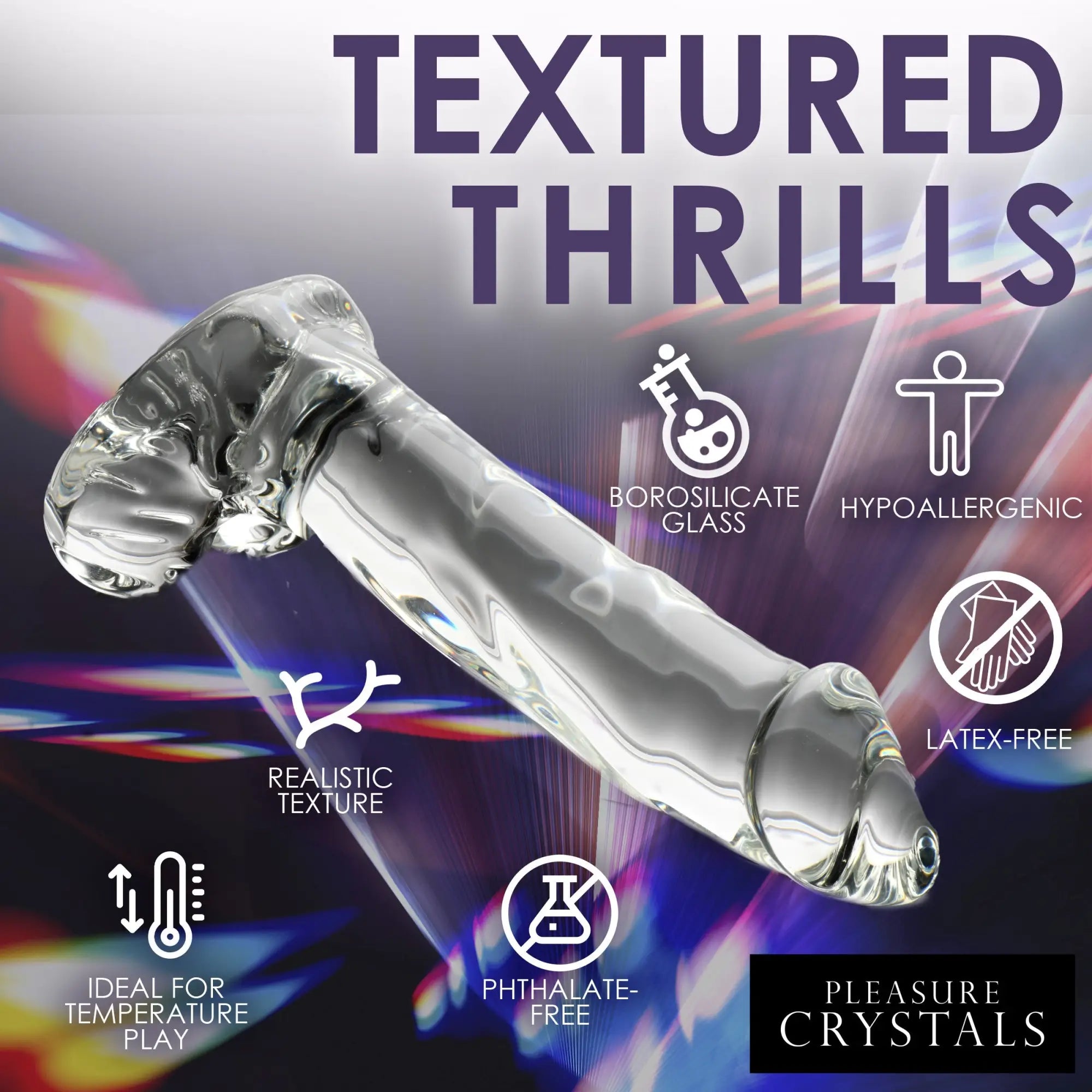 Pleasure Crystals clear borosilicate glass dildo with realistic textured shaft and base, set against a colorful background.