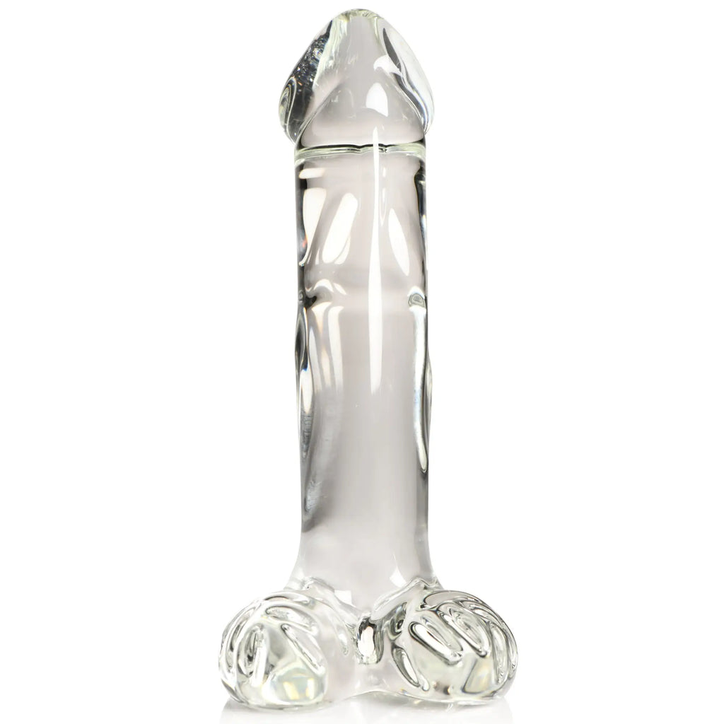 Pleasure Crystals glass dildo featuring a clear, phallic design with a defined head and textured base.