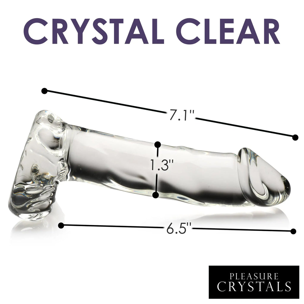 Pleasure Crystals clear glass dildo with balls, showing length and width dimensions on a white background.