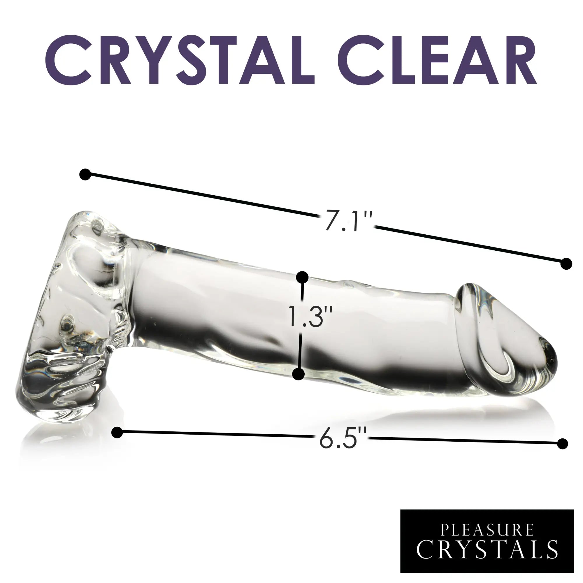Pleasure Crystals clear glass dildo with balls, showing length and width dimensions on a white background.