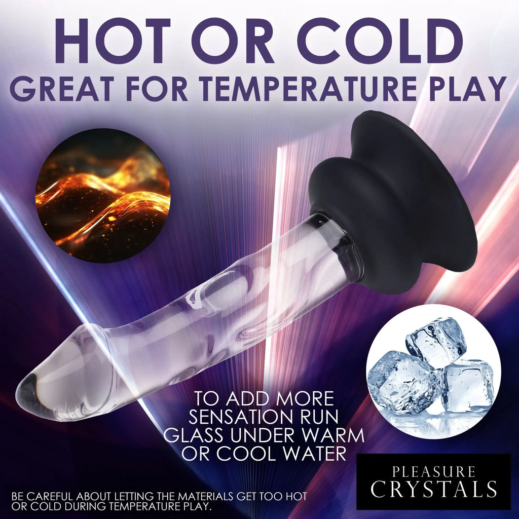 Pleasure Crystals glass dildo with a black silicone base, featured against a purple background with ice and heat imagery.