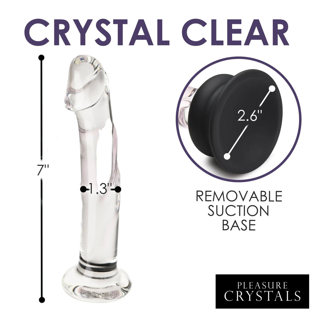 Pleasure Crystals glass dildo with 7-inch clear body and removable black silicone suction base, showing measurements.