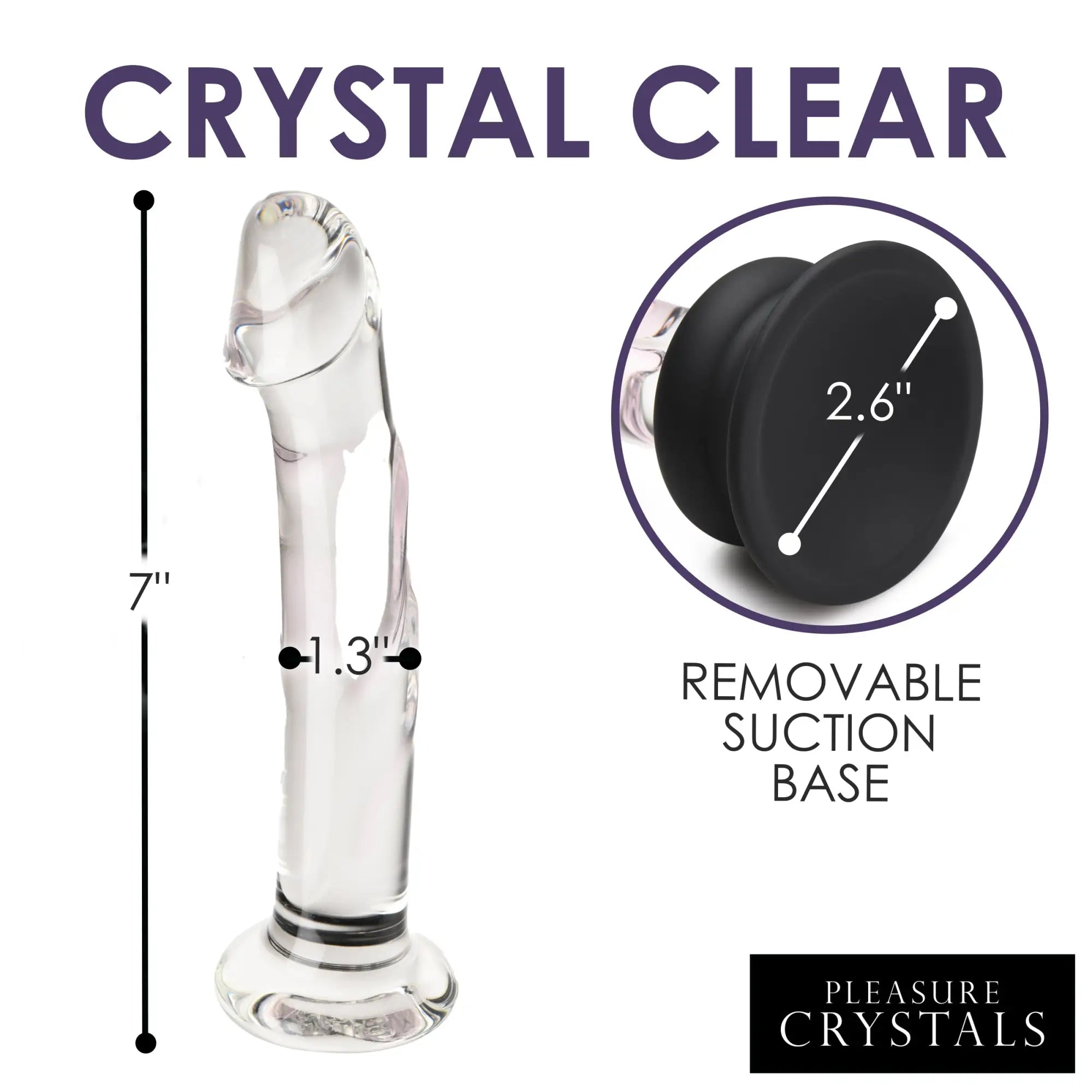 Pleasure Crystals glass dildo with 7-inch clear body and removable black silicone suction base, showing measurements.