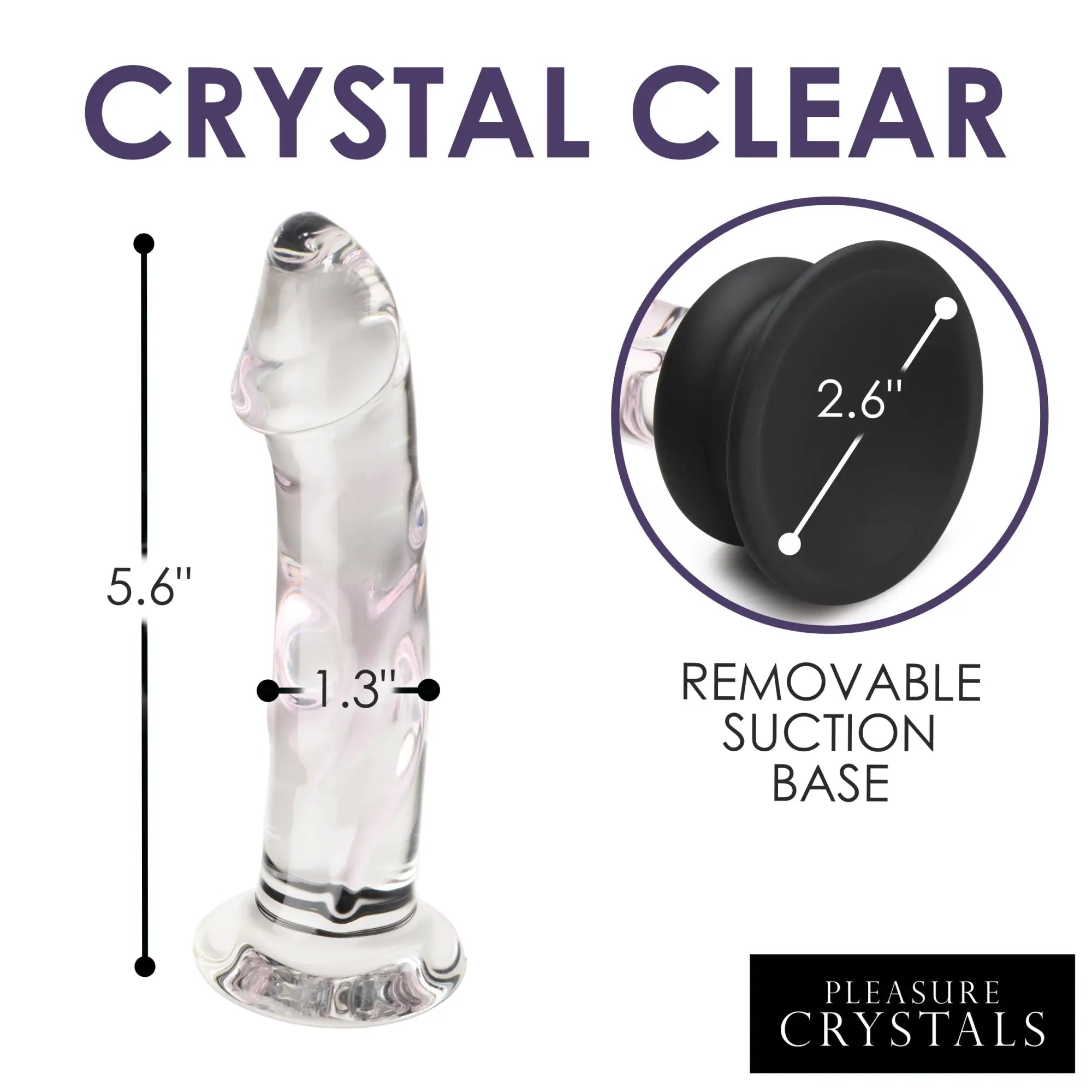 Pleasure Crystals glass dildo with a removable black silicone suction base, showing 5.6" length and 1.3" width.