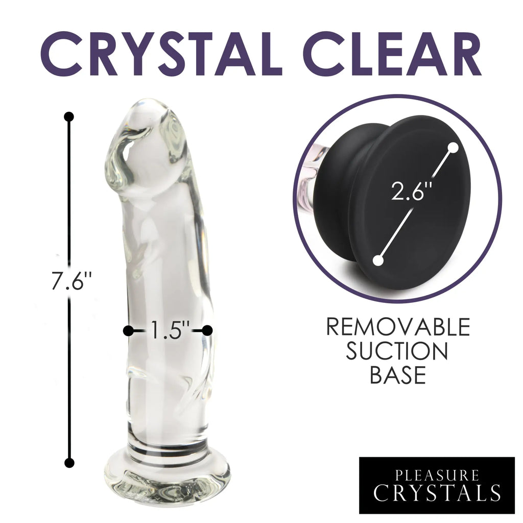 Pleasure Crystals glass dildo with a clear, textured shaft and a black removable silicone suction base, showing specs.