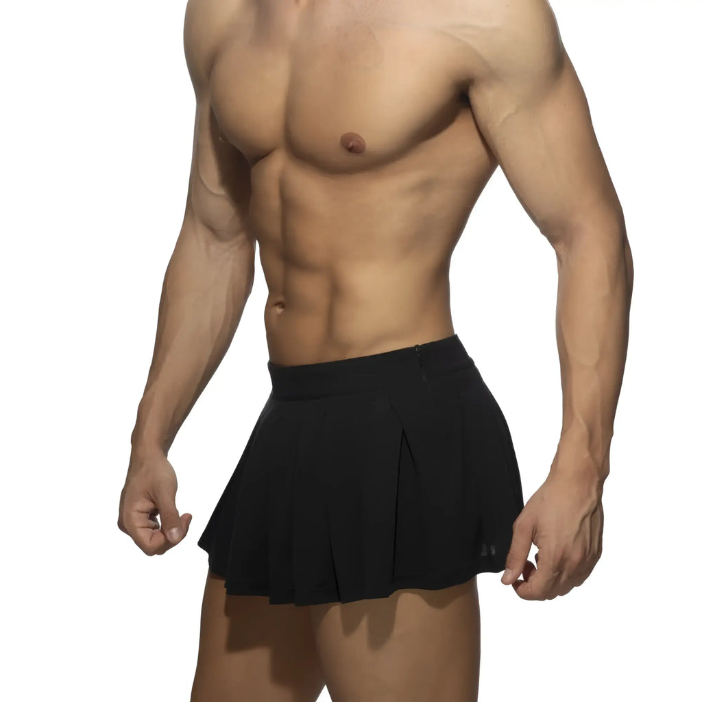 Black pleated ring skirt with high-waisted fit and side zipper detail in lightweight athletic fabric