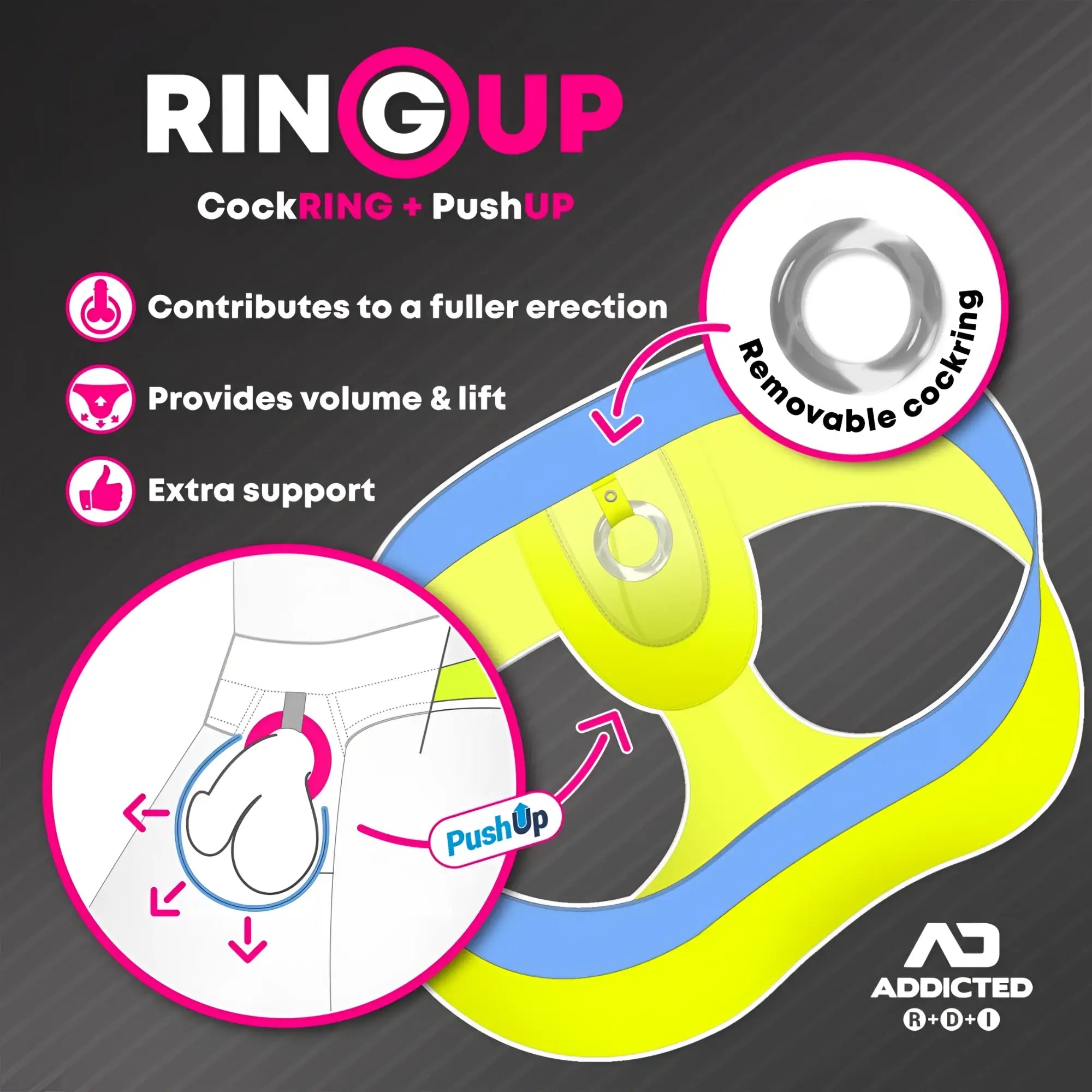Bright yellow and blue silicone pleated ring skirt with a removable silver cocking ring accessory