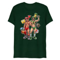Dark green cotton t-shirt featuring vibrant muscular mario and luigi with classic game items titled plumber butt