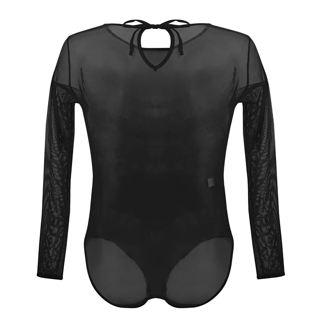 Black sheer long-sleeved bodysuit with lace detailing on arms and tie-back neckline plural pl001 bodysuit color black