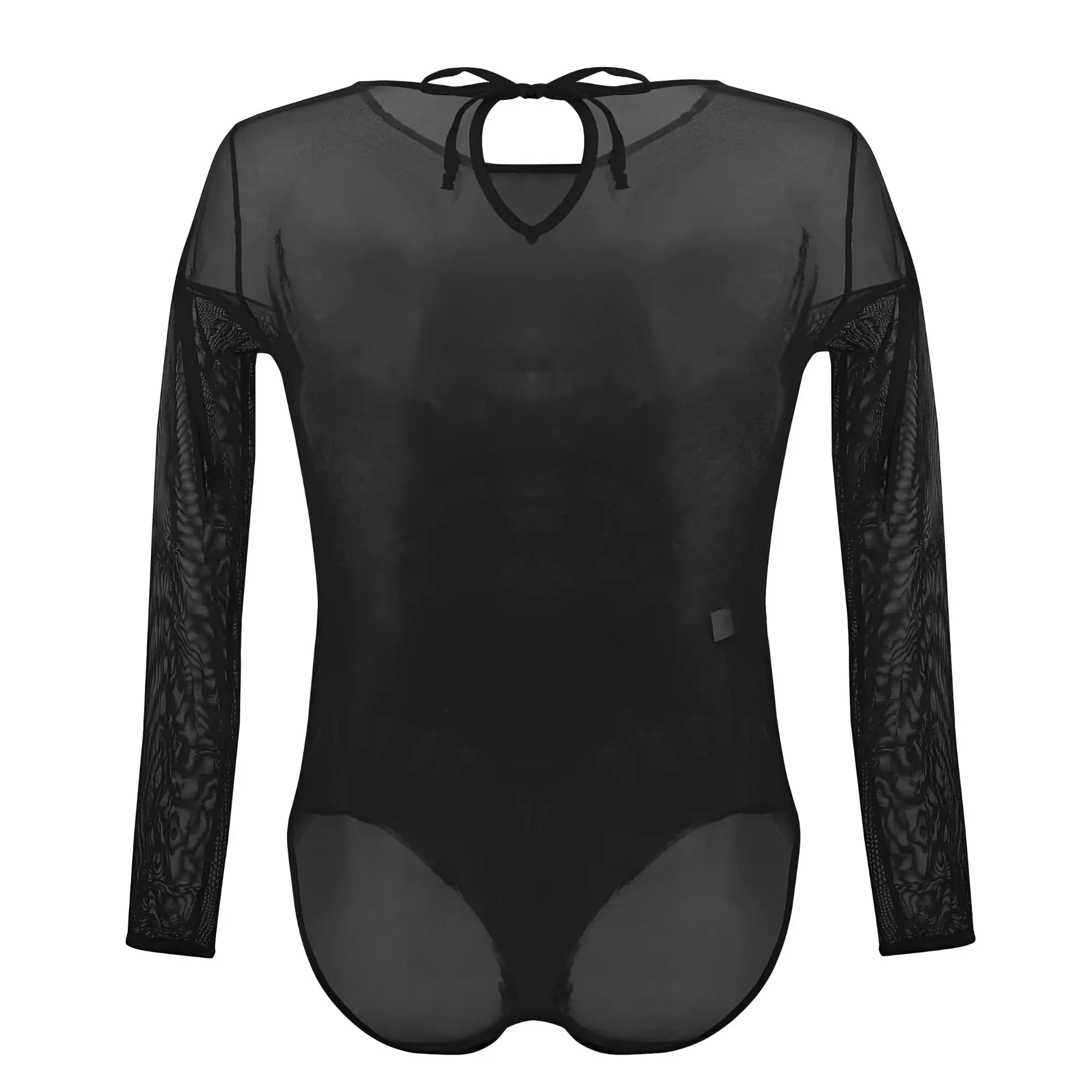 Black sheer long-sleeved bodysuit with lace detailing on arms and tie-back neckline plural pl001 bodysuit color black