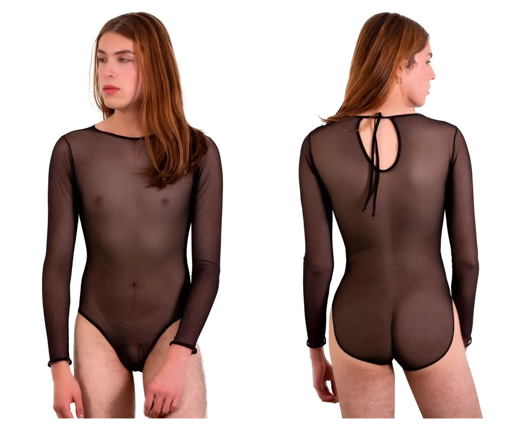 Black sheer long-sleeved bodysuit with back tie detail shown from the back in plural pl001 style