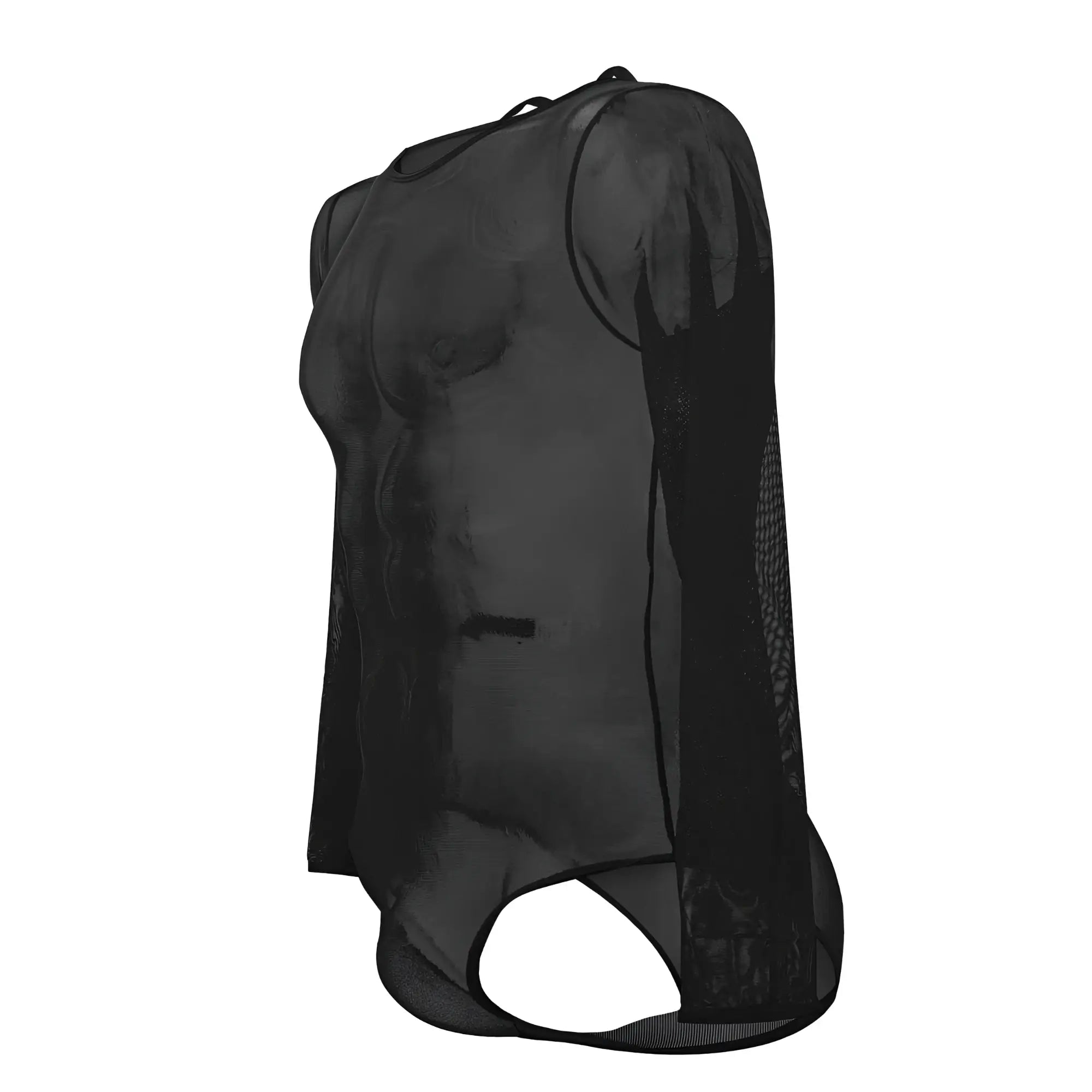 Black sheer mesh long sleeve bodysuit plural pl001 with a back cutout shown from the back side