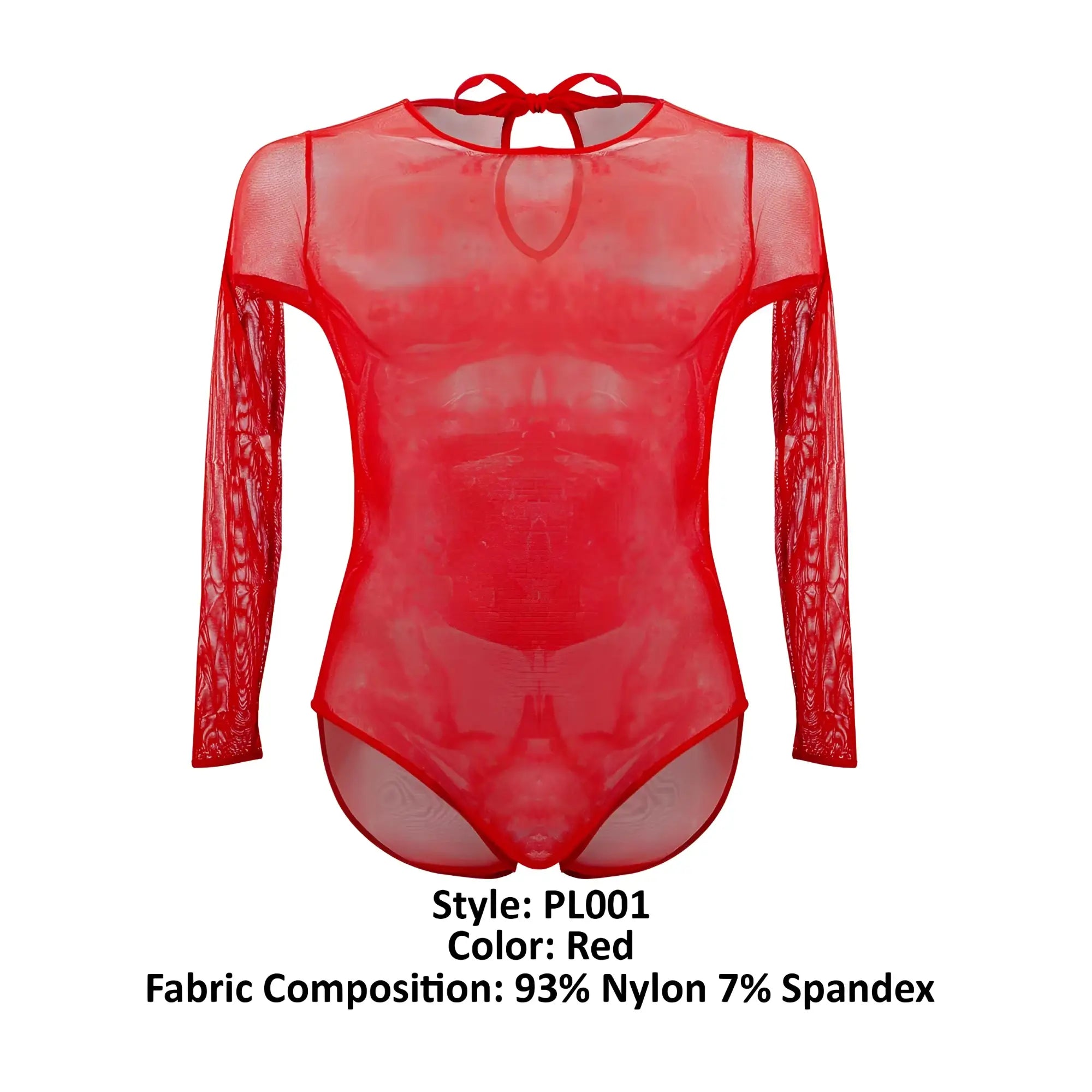 Red sheer long-sleeved bodysuit plural pl001 with back tie and mesh fabric shown from the back side