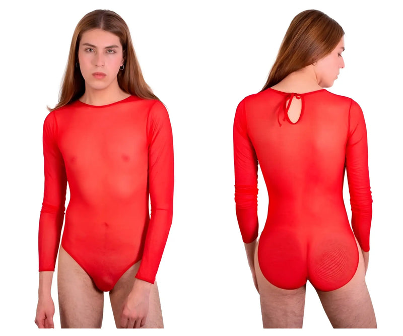 Red sheer long-sleeved PLURAL PL001 bodysuit with back tie and textured paneling shown from the back side