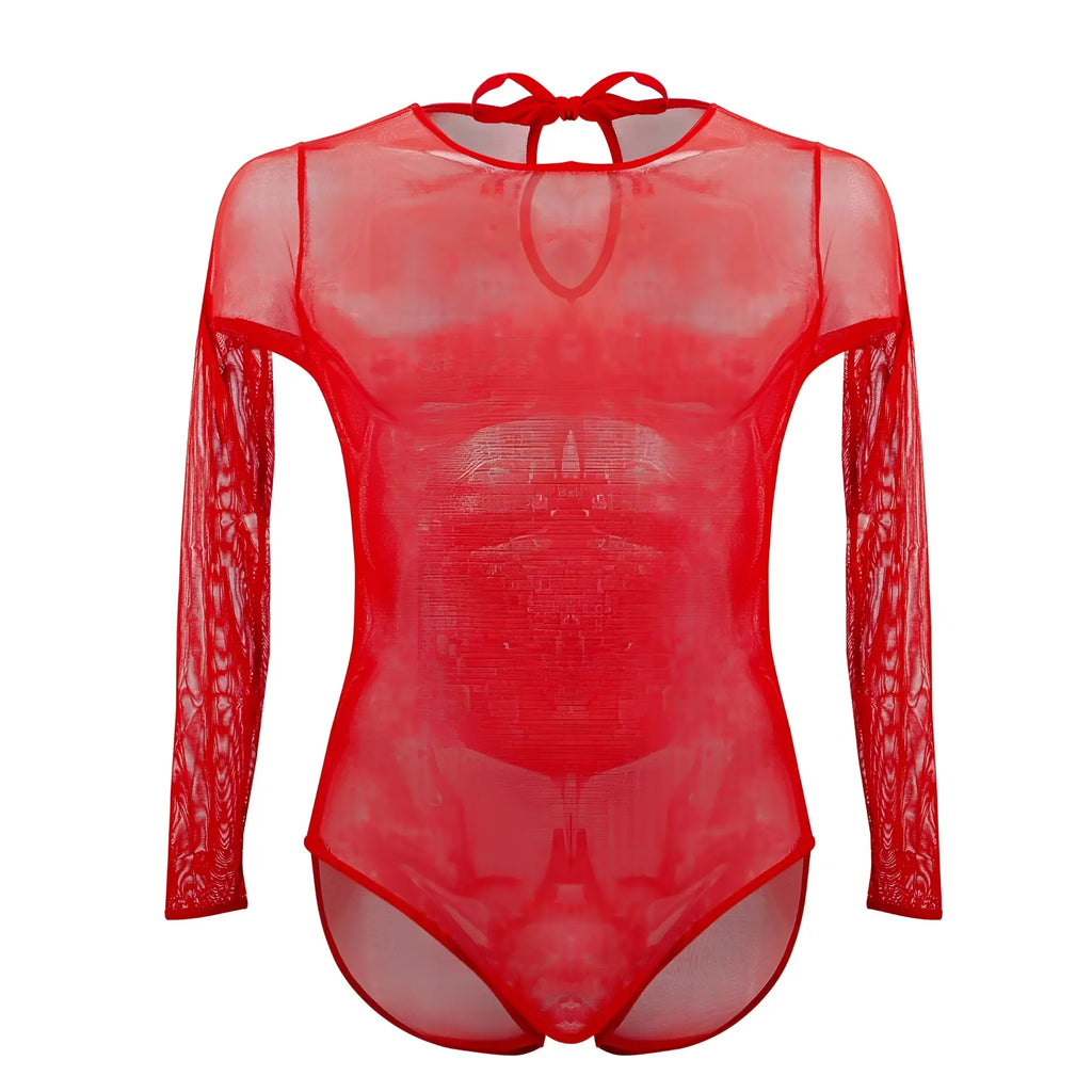 Red sheer mesh bodysuit with long sleeves and tie-back neckline showing the back side of plural pl001 bodysuit