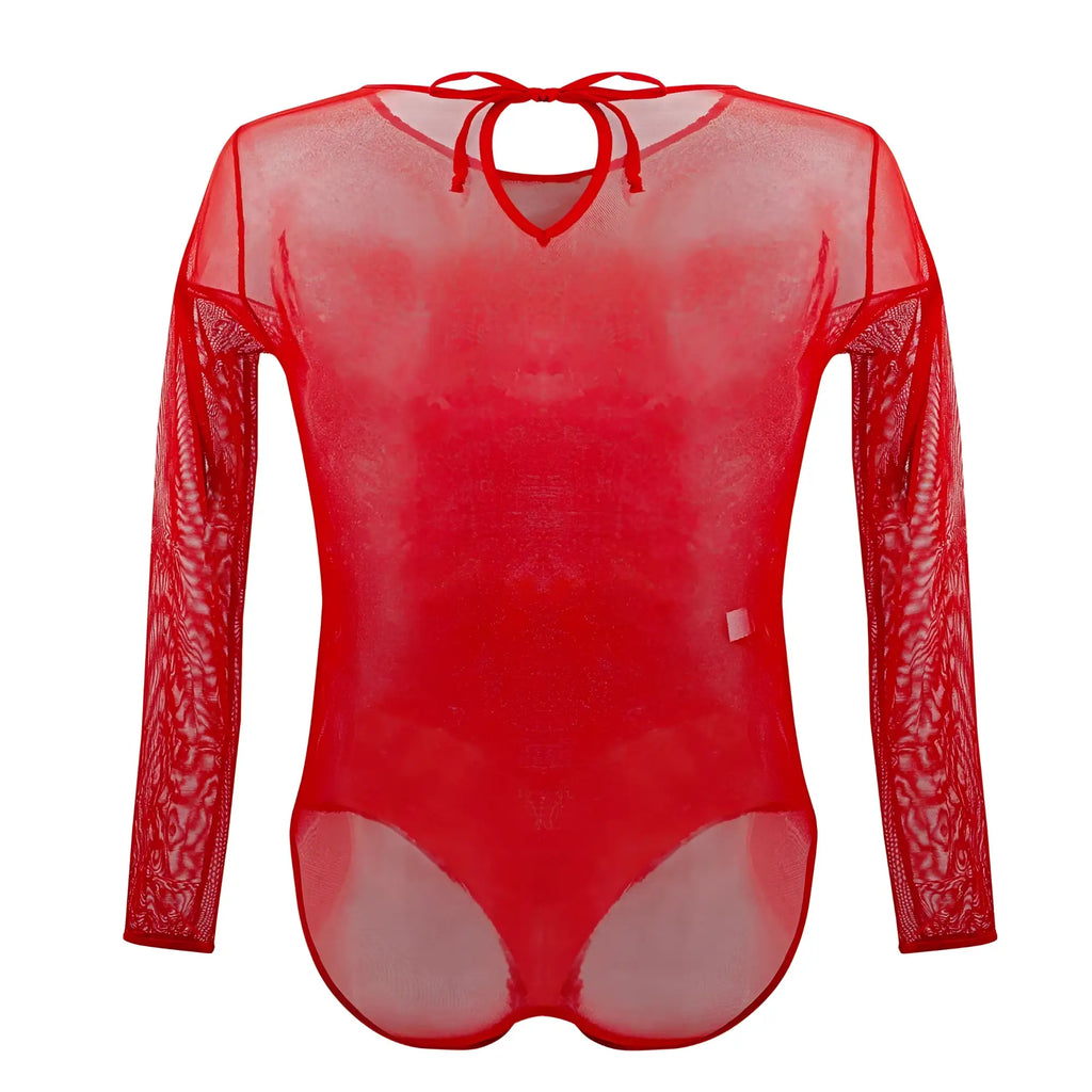 Red sheer mesh long-sleeved bodysuit with tie-back neckline and patterned sleeve detailing from plural pl001