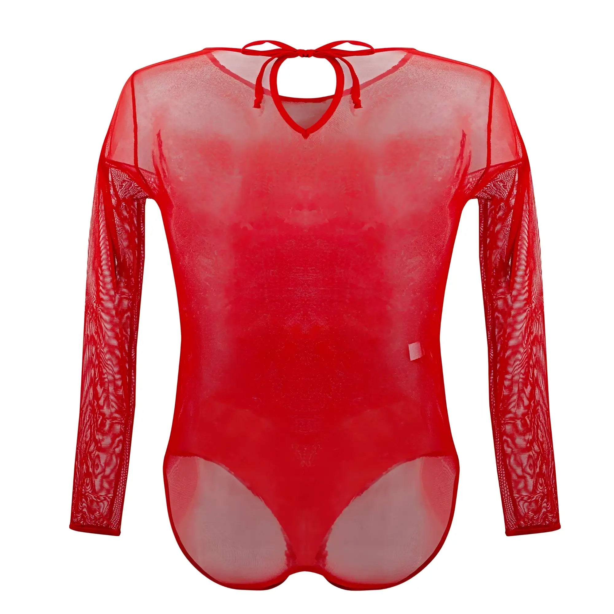Red sheer mesh long-sleeved bodysuit with tie-back neckline and patterned sleeve detailing from plural pl001
