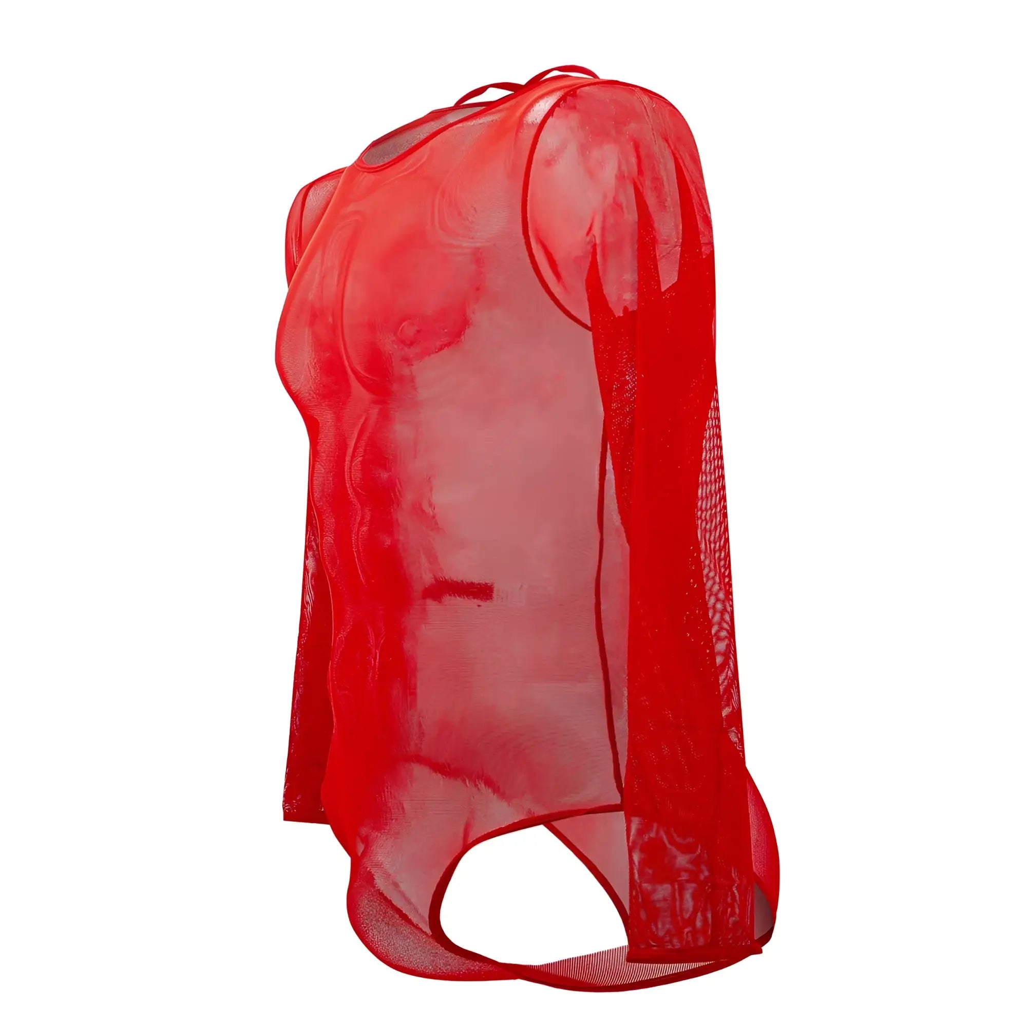 Red sheer mesh long sleeve bodysuit plural pl001 with cut-out back showing the back side of the product