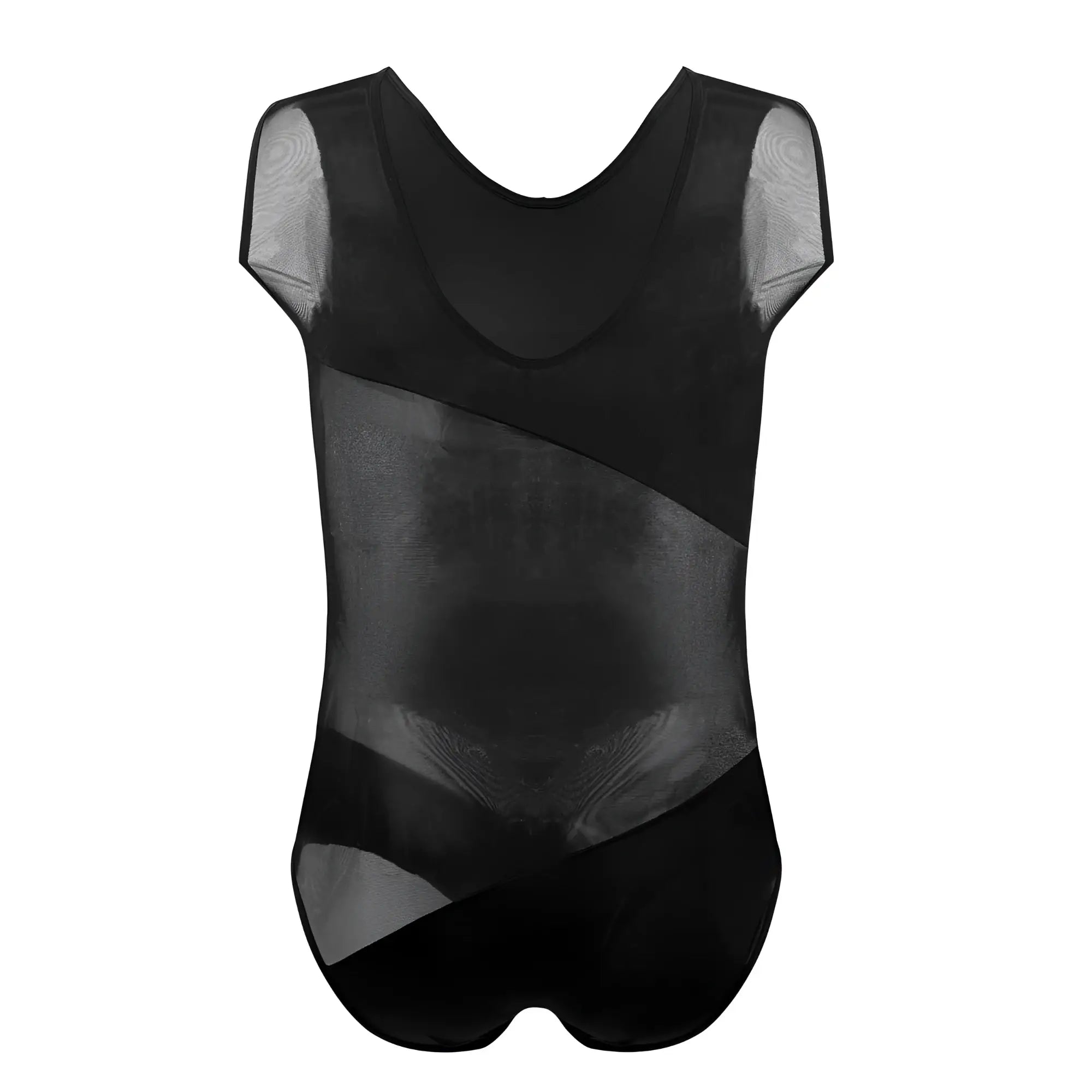 Black mesh plurar pl002 bodysuit leotard with sheer panels and v-neckline for stylish dancewear or performance