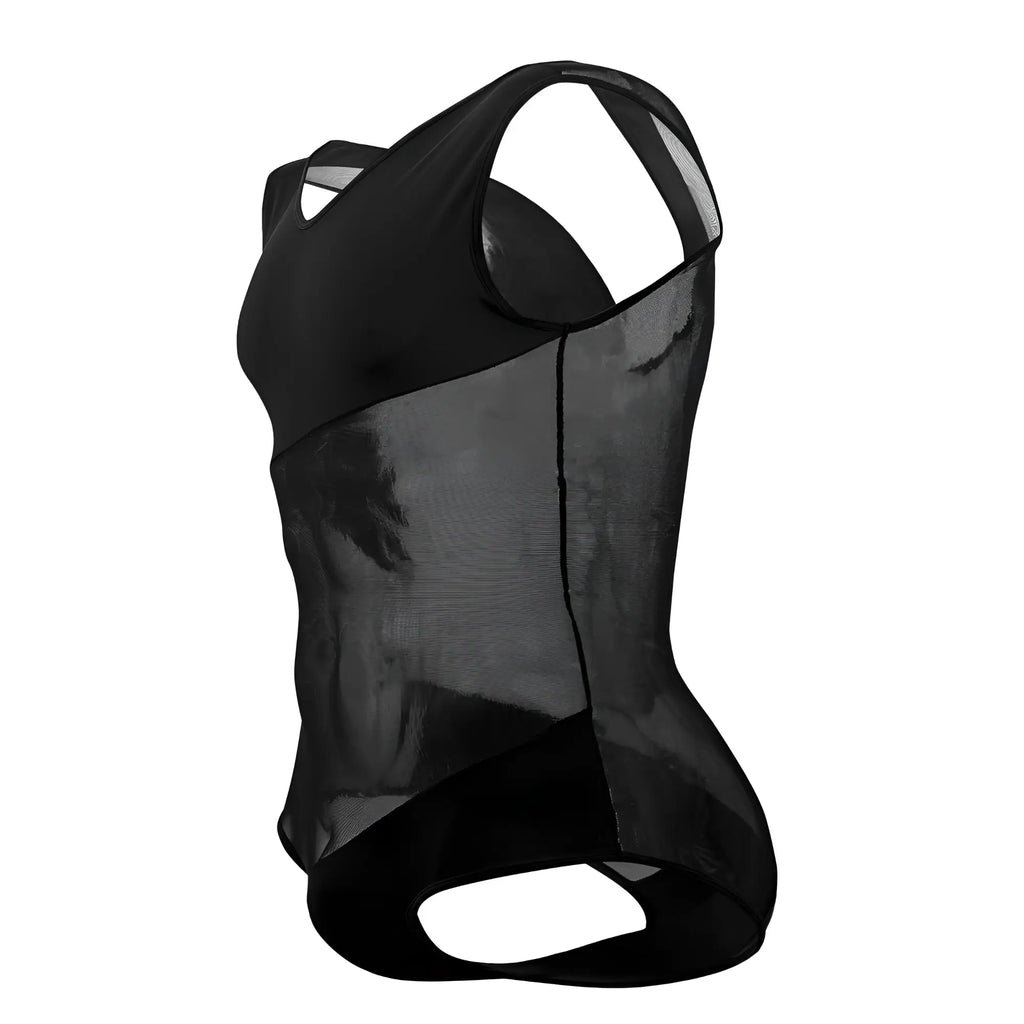 Black plural pl002 bodysuit with sleek form-fitting design featuring black mesh and solid fabric top