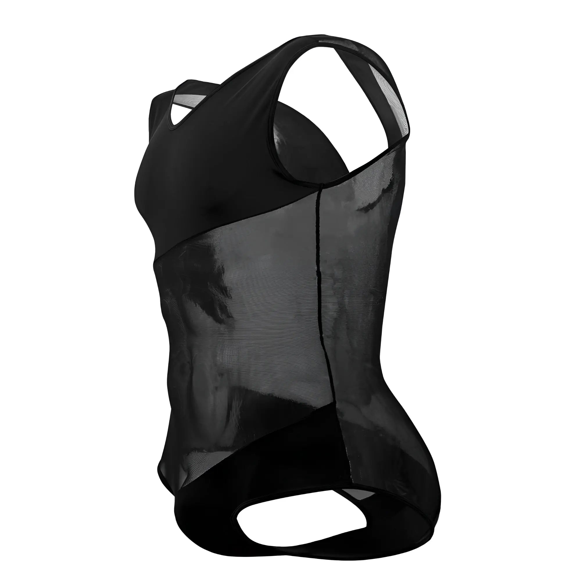 Black plural pl002 bodysuit with sleek form-fitting design featuring black mesh and solid fabric top