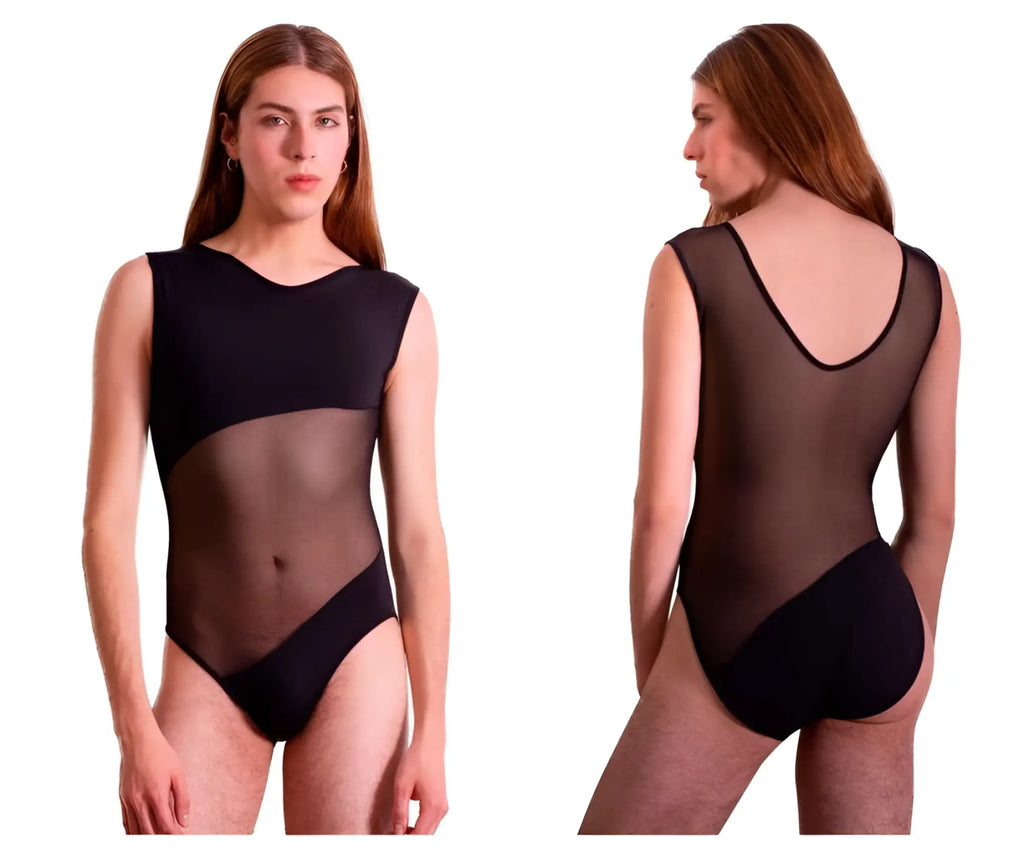 Black plural pl002 bodysuit one-piece leotard with sheer mesh panels and scoop neckline for dance or performance