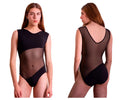 Black plural pl002 bodysuit one-piece leotard with sheer mesh panels and scoop neckline for dance or performance