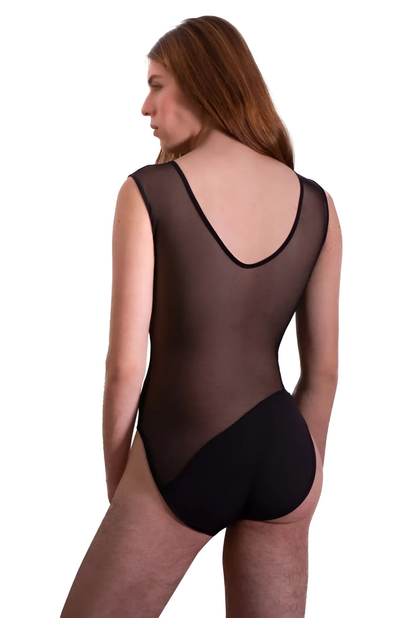 Black sheer mesh leotard with solid black lower back panel shown from back in plural pl002 bodysuit color black
