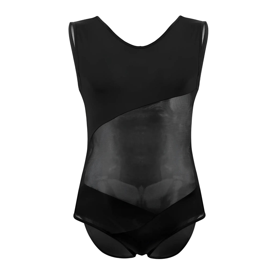 Black sleeveless PLURAL PL002 bodysuit with sheer mesh panel across the torso made from lightweight fabric