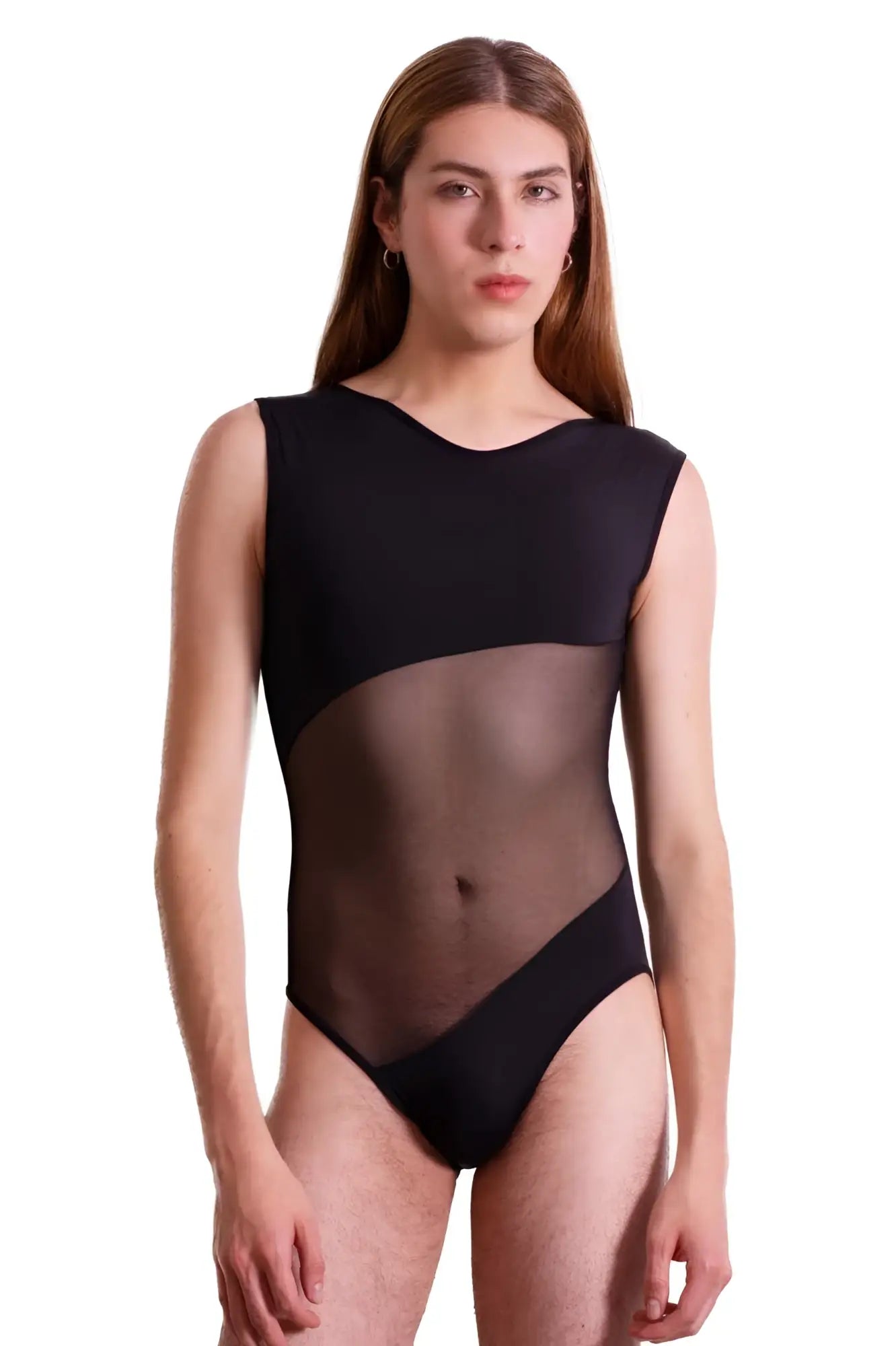 Black sleeveless PLURAL PL002 bodysuit featuring a sheer mesh panel across the torso for a stylish look