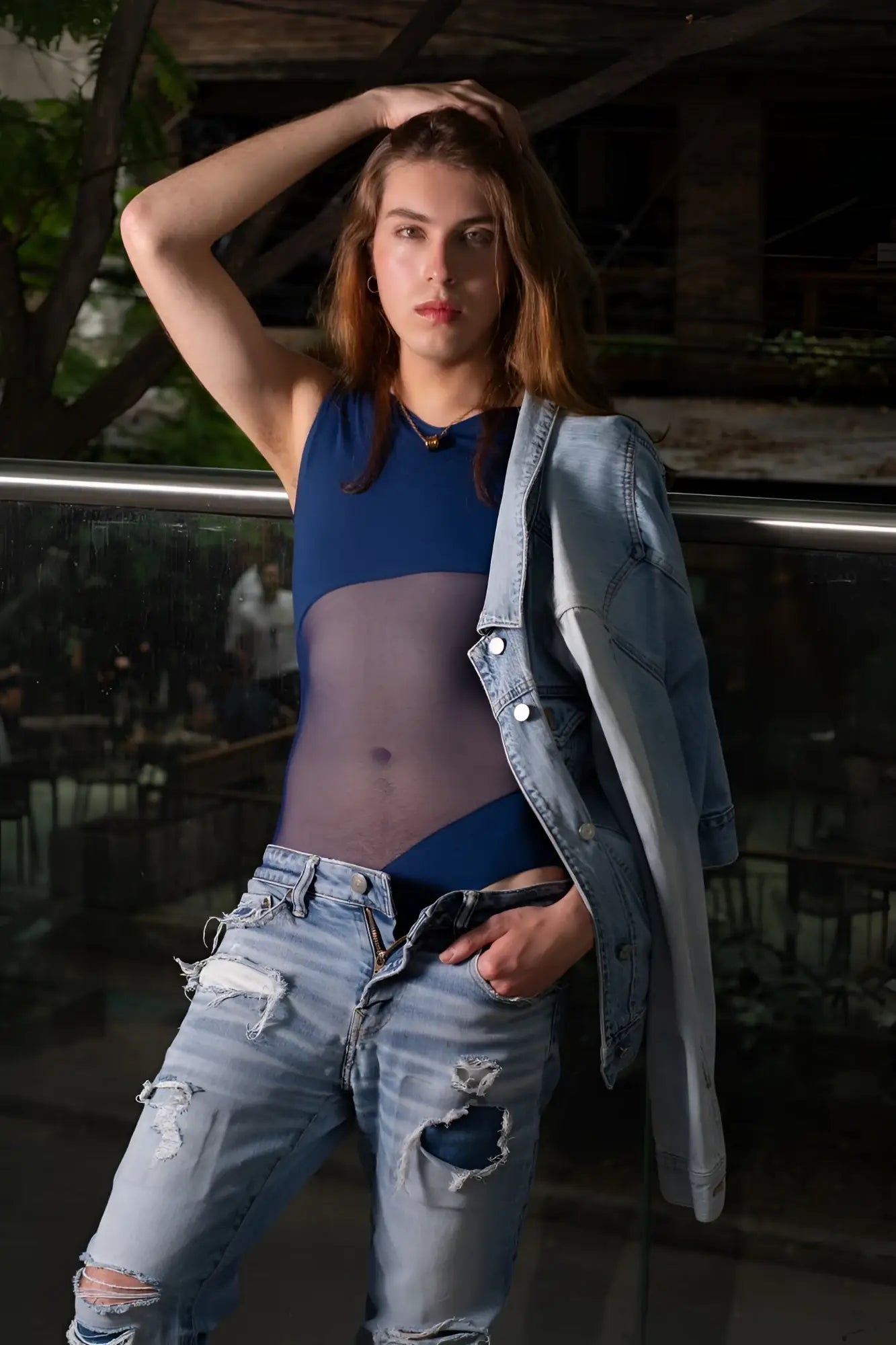 Blue PLURAL PL002 bodysuit in mesh fabric paired with denim jacket and ripped jeans for casual wear