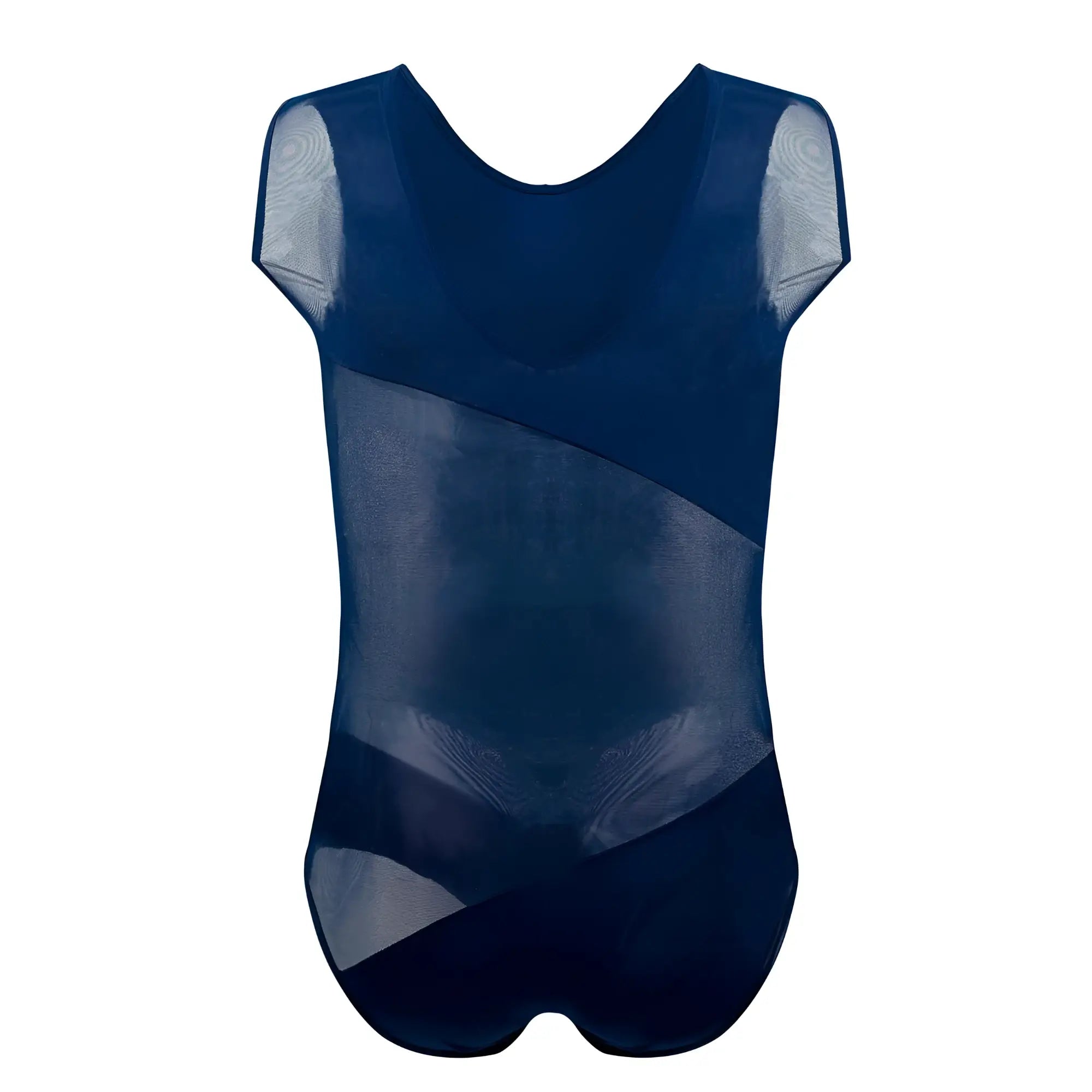 A navy blue plural pl002 bodysuit with sheer mesh panels across the shoulders and torso in a leotard style
