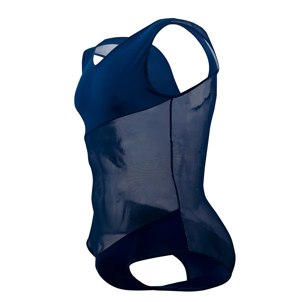 Plural pl002 bodysuit in blue featuring navy mesh and solid fabric with a cut-out back design shown from the back